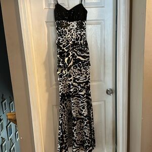 Black and white ruched dress with black sequin halter top